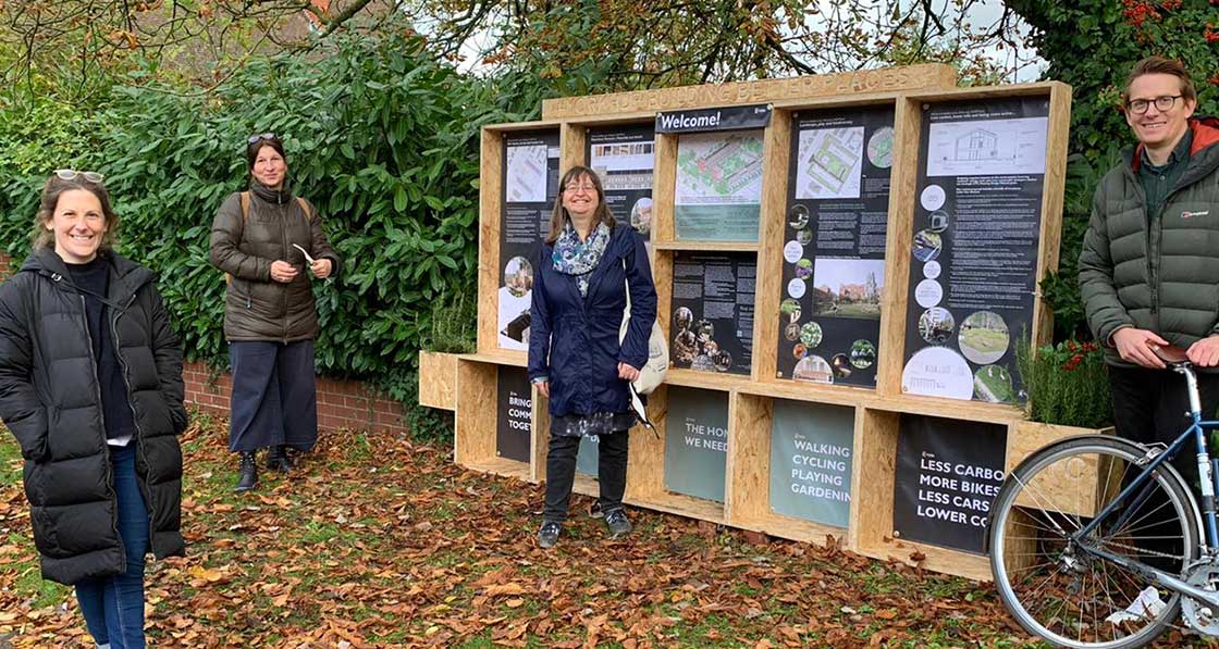 Pictured at Duncombe Barracks site, where public engagement boxes were placed are (l-r) Mikhail Riches senior architect Sophie Cole, ImaginePlaces founder Angela Koch, councillor Craghill and City of York’s head of housing delivery and asset management Michael Jones.