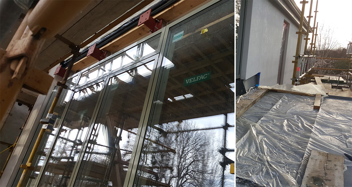 Installation of Velfac windows, while Schöck Isokorb connectors used where the balcony meets the external wall to minimise thermal bridging; Compacfoam sole plate under EPDM membrane supporting window cill in external insulation layer, to prevent thermal bridging