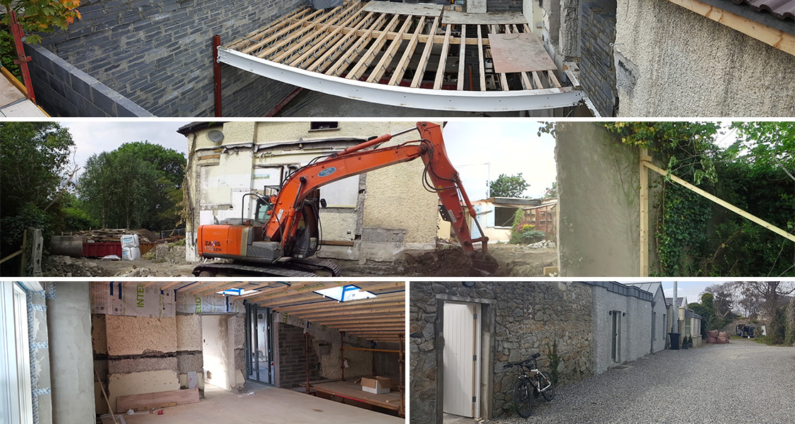 (above, clockwise from top) metal web Posi joists to intermediate floor of new extension; site works after demolition of an earlier extension; existing walls at lane to the read of the house, with the pebble dash wall in the middle forming of the building’s thermal envelope; Intello membranes and airtightness detailing where the new roof meets the existing external wall.