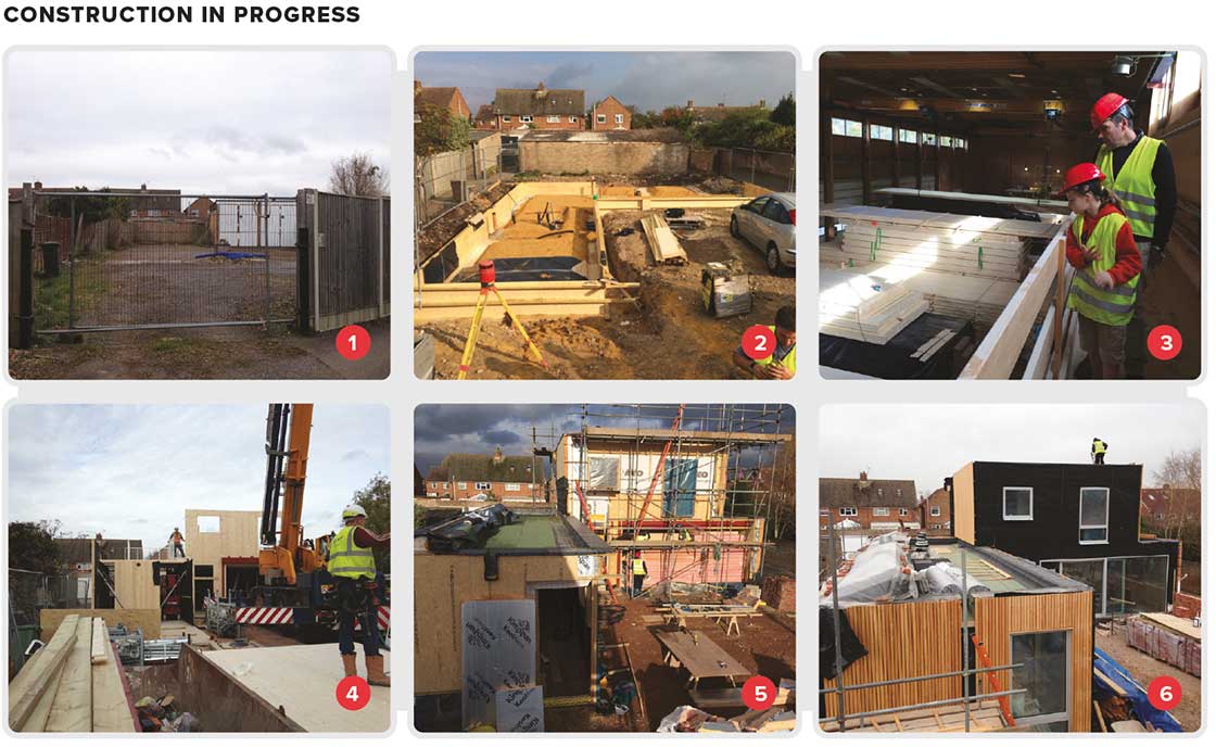 1 The brownfield site, which was previously owned by St John’s Ambulance, before construction commenced; 2 the substructure which includes a hardcore followed above by sand blinding, and a damp-proof membrane; 3 visiting the Austrian factory where the cross laminated timber (CLT) structure was manufactured; 4 erection of the CLT frame was complete within four days; 5 construction of the wall build-up with airtight membrane and Kingspan Kooltherm insulation; 6 external walls are finished with Siberian Larch vertical rain screen cladding